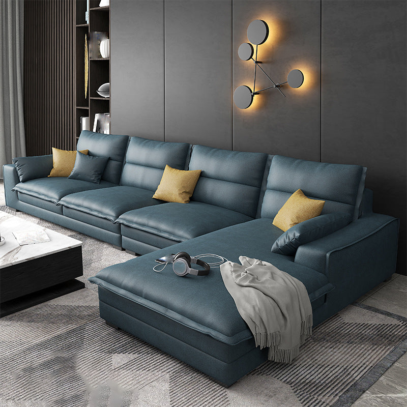 135.8" L √ó 70.9" W √ó 35.4" H Faux Leather sofa and Chaise High Back Square Arm Sectional Blue Clearhalo 'furn' 'furn_sectionals' 'Furniture' 'furniture_sectionals' 'kitchen' 'kitchen_sectionals' 'Living Room Furniture' 'Sectionals' 4855881