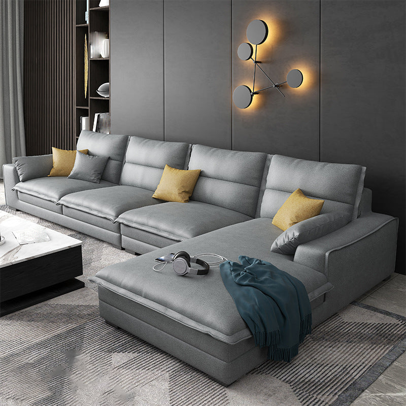 135.8" L √ó 70.9" W √ó 35.4" H Faux Leather sofa and Chaise High Back Square Arm Sectional Light Gray Clearhalo 'furn' 'furn_sectionals' 'Furniture' 'furniture_sectionals' 'kitchen' 'kitchen_sectionals' 'Living Room Furniture' 'Sectionals' 4855884
