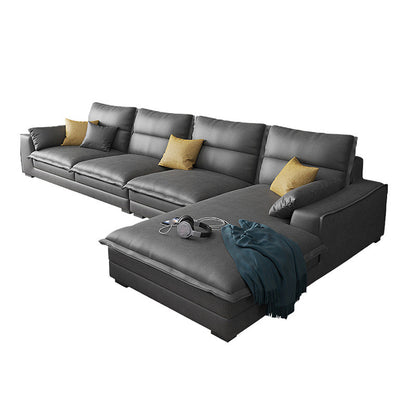 135.8" L √ó 70.9" W √ó 35.4" H Faux Leather sofa and Chaise High Back Square Arm Sectional Grey Sponge Clearhalo 'furn' 'furn_sectionals' 'Furniture' 'furniture_sectionals' 'kitchen' 'kitchen_sectionals' 'Living Room Furniture' 'Sectionals' 4855885
