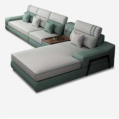 141.73" L√ó 70.86" W √ó 33.46" H Fabric Sofa and Chaise High Back Sloped Arms Sectional Light Green Sponge Clearhalo 'furn' 'furn_sectionals' 'Furniture' 'furniture_sectionals' 'kitchen' 'kitchen_sectionals' 'Living Room Furniture' 'Sectionals' 4855895