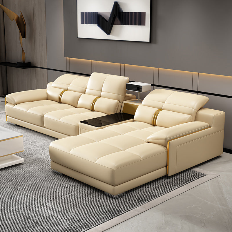 Genuine Leather Pillow Top Arm Sofa Cream Sectional with Removable Cushions 121"L x 69"W x 35"H Latex Clearhalo 'furn' 'furn_sectionals' 'Furniture' 'furniture_sectionals' 'kitchen' 'kitchen_sectionals' 'Living Room Furniture' 'Sectionals' 4855927