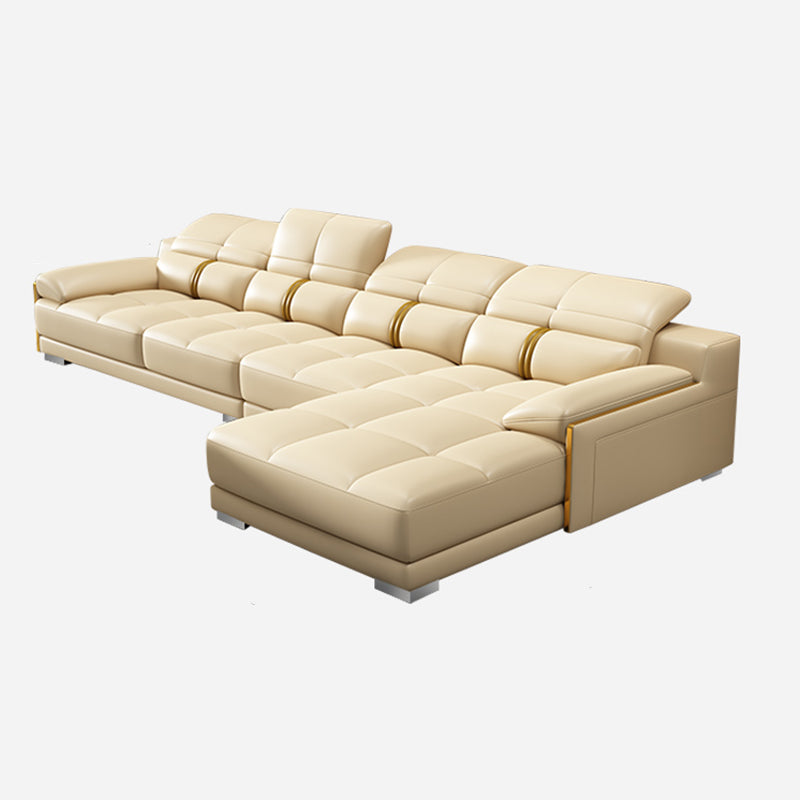 Genuine Leather Pillow Top Arm Sofa Cream Sectional with Removable Cushions 134"L x 69"W x 35"H Sponge Clearhalo 'furn' 'furn_sectionals' 'Furniture' 'furniture_sectionals' 'kitchen' 'kitchen_sectionals' 'Living Room Furniture' 'Sectionals' 4855928