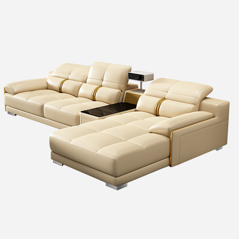 Genuine Leather Pillow Top Arm Sofa Cream Sectional with Removable Cushions 121"L x 69"W x 35"H Sponge Clearhalo 'furn' 'furn_sectionals' 'Furniture' 'furniture_sectionals' 'kitchen' 'kitchen_sectionals' 'Living Room Furniture' 'Sectionals' 4855929