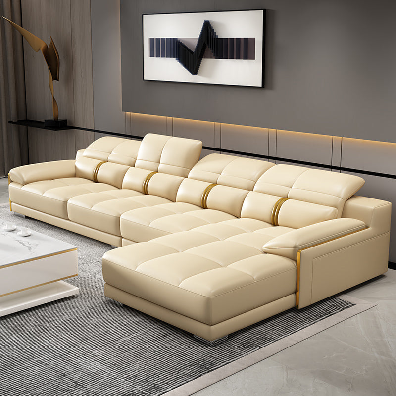 Genuine Leather Pillow Top Arm Sofa Cream Sectional with Removable Cushions 134"L x 69"W x 35"H Latex Clearhalo 'furn' 'furn_sectionals' 'Furniture' 'furniture_sectionals' 'kitchen' 'kitchen_sectionals' 'Living Room Furniture' 'Sectionals' 4855932