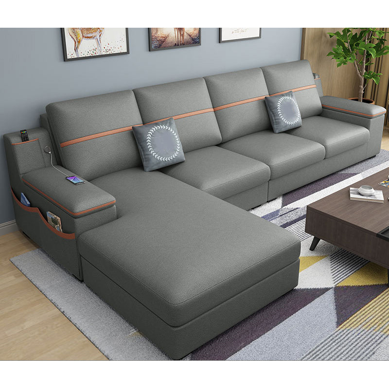 4-seat Cushion Back Sofa 109"L x 65"W x 35.5"H Recessed Arm Sectional with Storage Dark Gray Faux Leather Clearhalo 'furn' 'furn_sectionals' 'Furniture' 'furniture_sectionals' 'kitchen' 'kitchen_sectionals' 'Living Room Furniture' 'Sectionals' 4855964