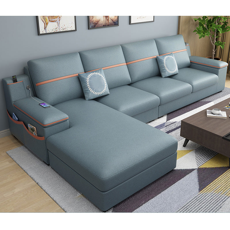 4-seat Cushion Back Sofa 109"L x 65"W x 35.5"H Recessed Arm Sectional with Storage Blue Faux Leather Clearhalo 'furn' 'furn_sectionals' 'Furniture' 'furniture_sectionals' 'kitchen' 'kitchen_sectionals' 'Living Room Furniture' 'Sectionals' 4855966