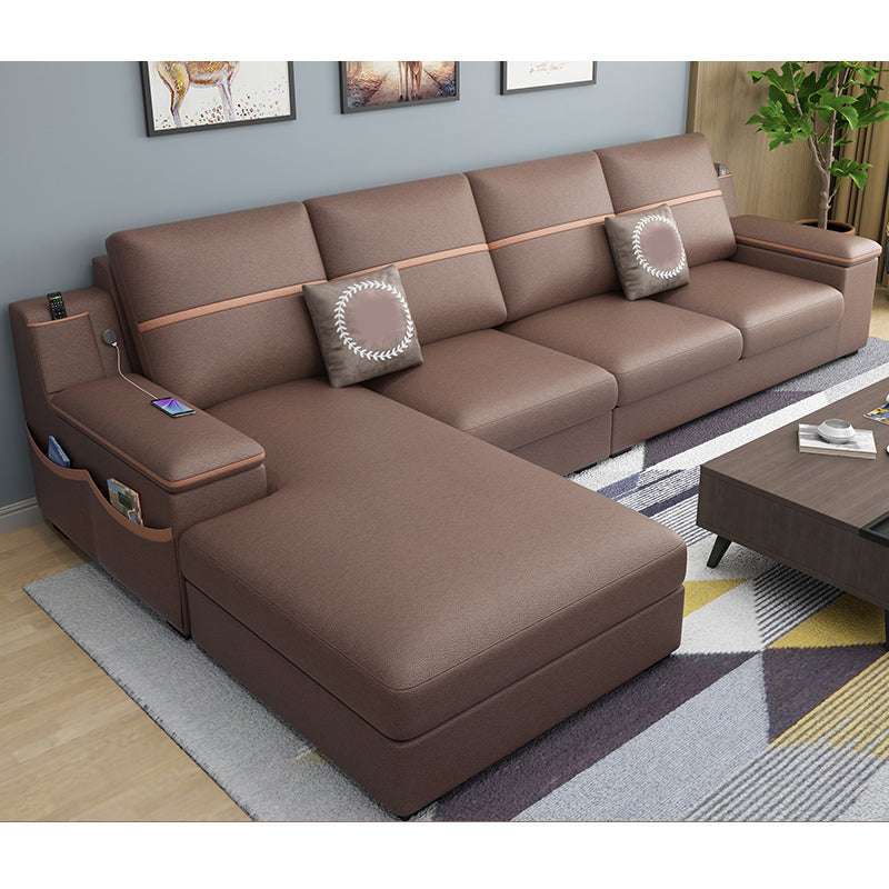 4-seat Cushion Back Sofa 109"L x 65"W x 35.5"H Recessed Arm Sectional with Storage Coffee Faux Leather Clearhalo 'furn' 'furn_sectionals' 'Furniture' 'furniture_sectionals' 'kitchen' 'kitchen_sectionals' 'Living Room Furniture' 'Sectionals' 4855967