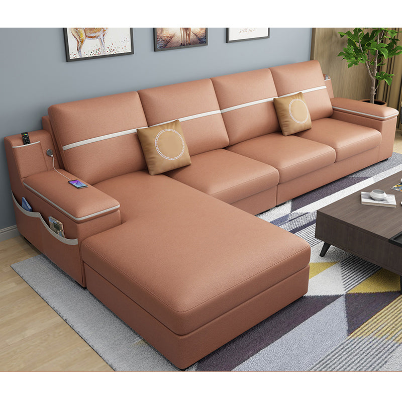 4-seat Cushion Back Sofa 109"L x 65"W x 35.5"H Recessed Arm Sectional with Storage Orange Faux Leather Clearhalo 'furn' 'furn_sectionals' 'Furniture' 'furniture_sectionals' 'kitchen' 'kitchen_sectionals' 'Living Room Furniture' 'Sectionals' 4855968