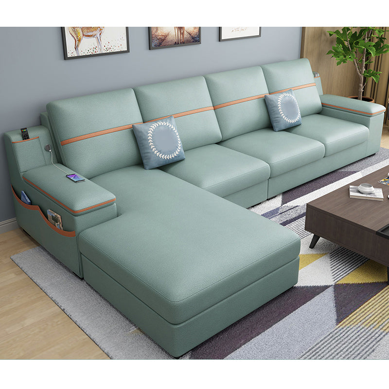 4-seat Cushion Back Sofa 109"L x 65"W x 35.5"H Recessed Arm Sectional with Storage Green Faux Leather Clearhalo 'furn' 'furn_sectionals' 'Furniture' 'furniture_sectionals' 'kitchen' 'kitchen_sectionals' 'Living Room Furniture' 'Sectionals' 4855969