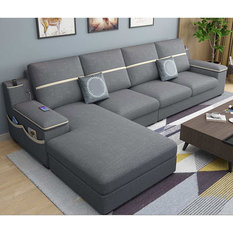 4-seat Cushion Back Sofa 109"L x 65"W x 35.5"H Recessed Arm Sectional with Storage Dark Gray Cotton Blend Clearhalo 'furn' 'furn_sectionals' 'Furniture' 'furniture_sectionals' 'kitchen' 'kitchen_sectionals' 'Living Room Furniture' 'Sectionals' 4855970