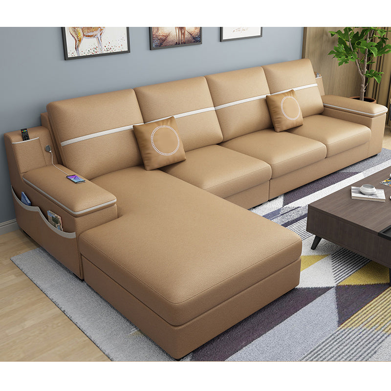 4-seat Cushion Back Sofa 109"L x 65"W x 35.5"H Recessed Arm Sectional with Storage Ginger Faux Leather Clearhalo 'furn' 'furn_sectionals' 'Furniture' 'furniture_sectionals' 'kitchen' 'kitchen_sectionals' 'Living Room Furniture' 'Sectionals' 4855971