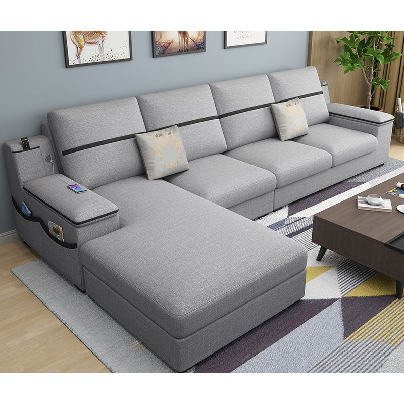 4-seat Cushion Back Sofa 109"L x 65"W x 35.5"H Recessed Arm Sectional with Storage Light Gray Cotton Blend Clearhalo 'furn' 'furn_sectionals' 'Furniture' 'furniture_sectionals' 'kitchen' 'kitchen_sectionals' 'Living Room Furniture' 'Sectionals' 4855972