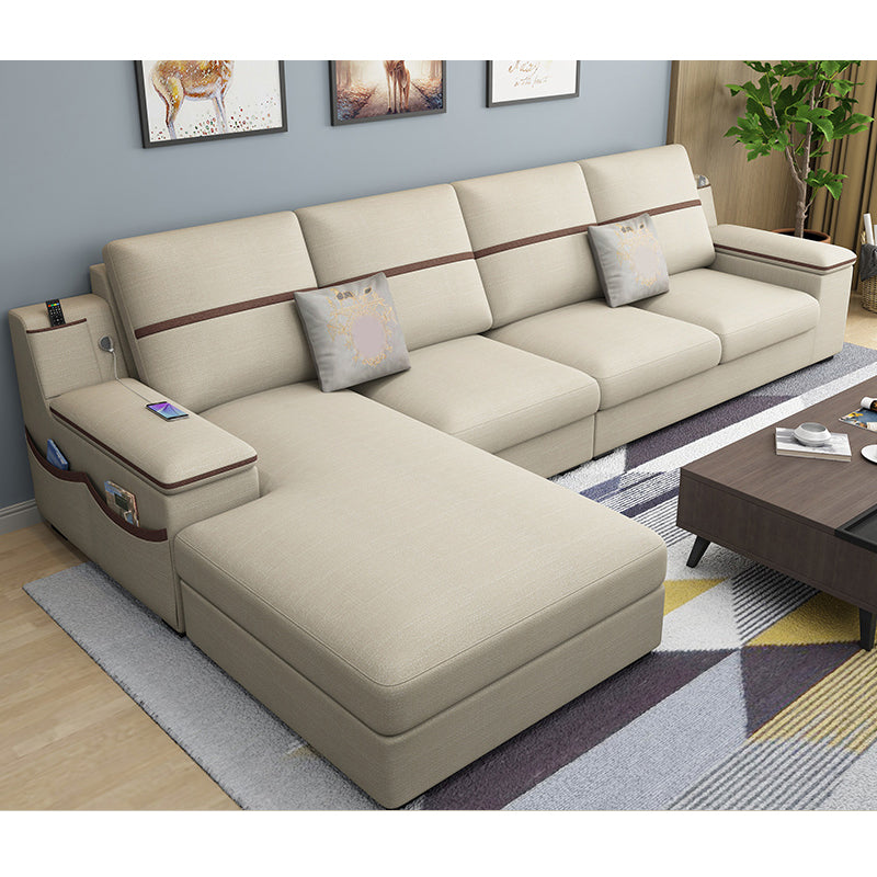 4-seat Cushion Back Sofa 109"L x 65"W x 35.5"H Recessed Arm Sectional with Storage Beige Cotton Blend Clearhalo 'furn' 'furn_sectionals' 'Furniture' 'furniture_sectionals' 'kitchen' 'kitchen_sectionals' 'Living Room Furniture' 'Sectionals' 4855973