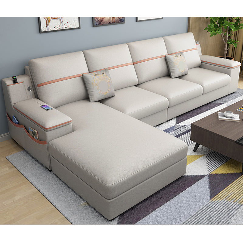 4-seat Cushion Back Sofa 109"L x 65"W x 35.5"H Recessed Arm Sectional with Storage Off-White Faux Leather Latex Clearhalo 'furn' 'furn_sectionals' 'Furniture' 'furniture_sectionals' 'kitchen' 'kitchen_sectionals' 'Living Room Furniture' 'Sectionals' 4855975