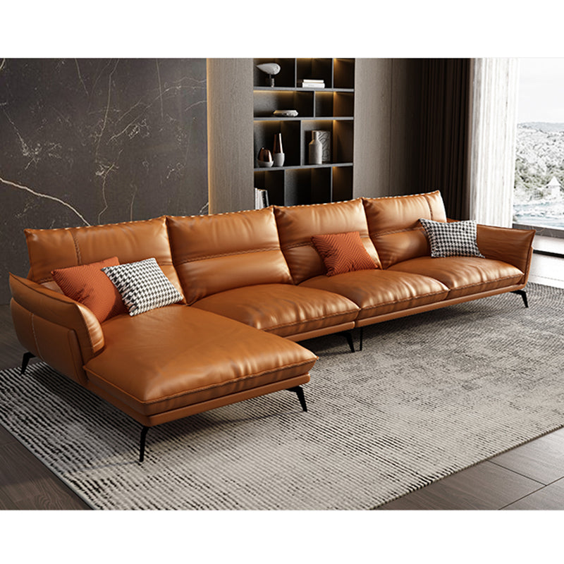 Tan Contemporary Pillow Top Arm Sofa/Sectional with Removable Cushions for Living Room 110"L x 67"W x 33.5"H Genuine Leather Clearhalo 'furn' 'furn_sectionals' 'Furniture' 'furniture_sectionals' 'kitchen' 'kitchen_sectionals' 'Living Room Furniture' 'Sectionals' 4856088