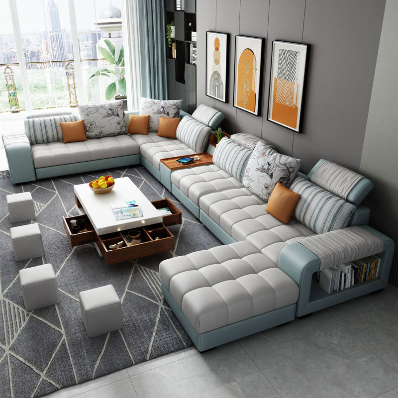 Modern Pillowed Back Cushions Sofa Tufted Sectionalwith Storage for Living Room Light Blue-White Faux Leather Clearhalo 'furn' 'furn_sectionals' 'Furniture' 'furniture_sectionals' 'kitchen' 'kitchen_sectionals' 'Living Room Furniture' 'Sectionals' 4856102