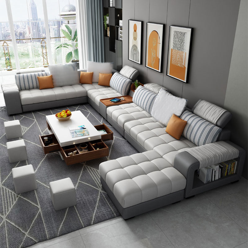 Modern Pillowed Back Cushions Sofa Tufted Sectionalwith Storage for Living Room White-Gray Faux Leather Clearhalo 'furn' 'furn_sectionals' 'Furniture' 'furniture_sectionals' 'kitchen' 'kitchen_sectionals' 'Living Room Furniture' 'Sectionals' 4856109