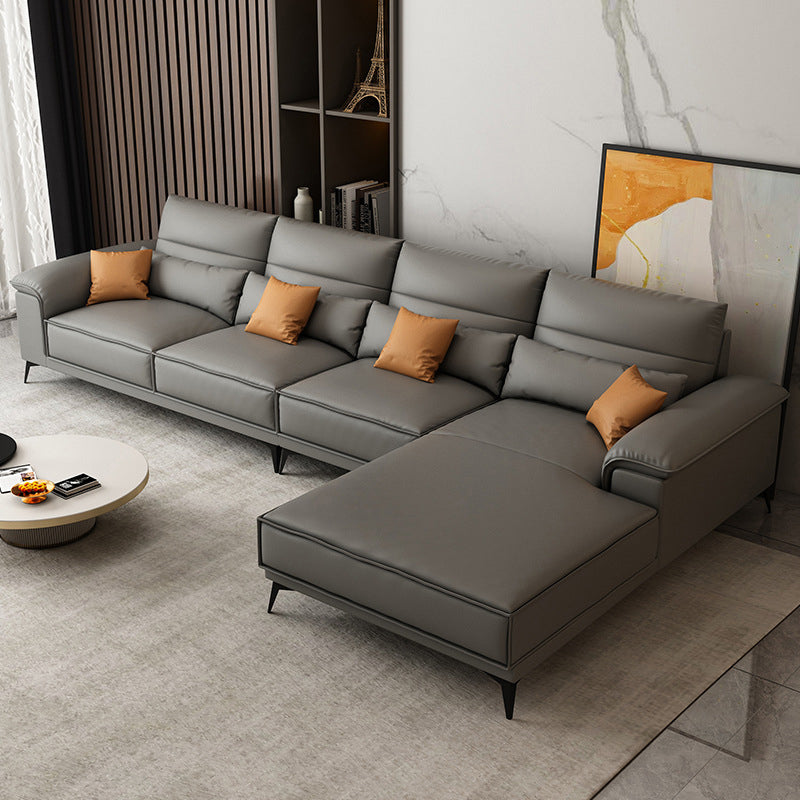 Square Arm Grey Cushion Back Contemporary Faux Leather Living Room Sofa 142"L x 71"W x 33.5"H Clearhalo 'furn' 'furn_sectionals' 'Furniture' 'furniture_sectionals' 'kitchen' 'kitchen_sectionals' 'Living Room Furniture' 'Sectionals' 4856162