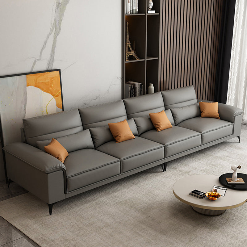 Square Arm Grey Cushion Back Contemporary Faux Leather Living Room Sofa 142"L x 37"W x 31"H Clearhalo 'furn' 'furn_sectionals' 'Furniture' 'furniture_sectionals' 'kitchen' 'kitchen_sectionals' 'Living Room Furniture' 'Sectionals' 4856178