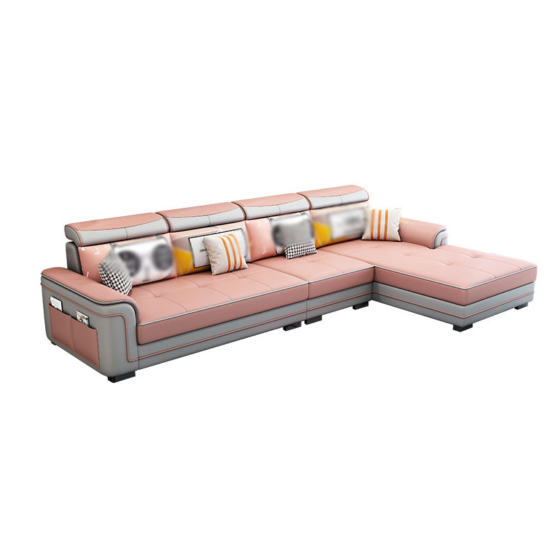 Modern Faux Leather/Linen Blend Sofa and Chaise 4-seat L-Shape Sectionals with Storage Pink Clearhalo 'furn' 'furn_sectionals' 'Furniture' 'furniture_sectionals' 'kitchen' 'kitchen_sectionals' 'Living Room Furniture' 'Sectionals' 4856192