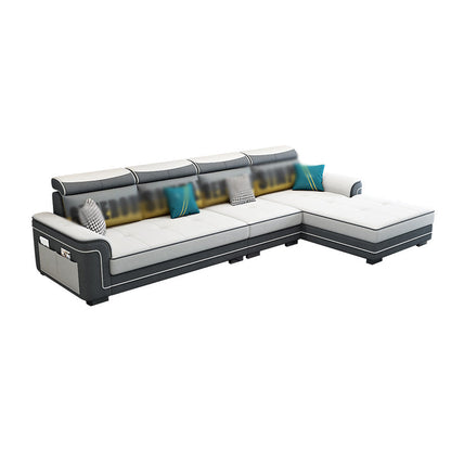 Modern Faux Leather/Linen Blend Sofa and Chaise 4-seat L-Shape Sectionals with Storage White Clearhalo 'furn' 'furn_sectionals' 'Furniture' 'furniture_sectionals' 'kitchen' 'kitchen_sectionals' 'Living Room Furniture' 'Sectionals' 4856197