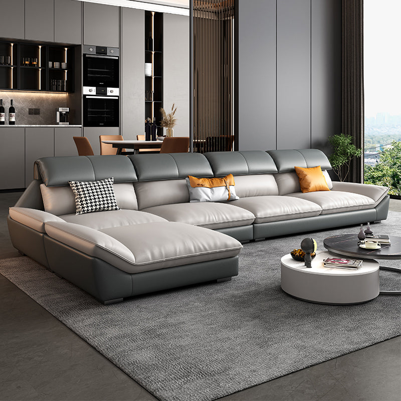 Contemporary Grey Faux Leather Sectional Pillow Top Arm Stain-Resistant Sofa and Chaise 130"L x 69"W x 35"H Sponge Clearhalo 'furn' 'furn_sectionals' 'Furniture' 'furniture_sectionals' 'kitchen' 'kitchen_sectionals' 'Living Room Furniture' 'Sectionals' 4856271
