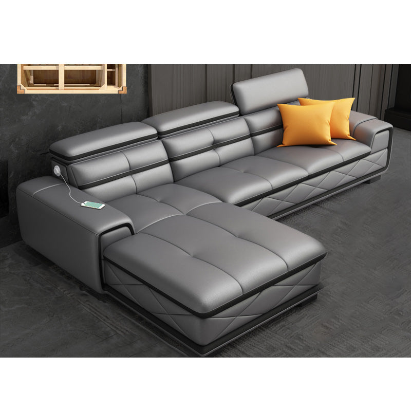 Light-grey Contemporary Sofa and Chaise L-Shape High Back Sectional 113"L x 71"W x 31"H Clearhalo 'furn' 'furn_sectionals' 'Furniture' 'furniture_sectionals' 'kitchen' 'kitchen_sectionals' 'Living Room Furniture' 'Sectionals' 4856297