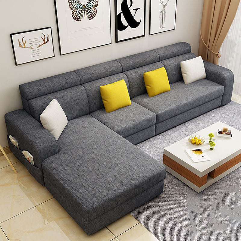Square Arms Sectional Faux Leather/Linen Blend Sofa and Chaise for Apartment Dark Gray Linen Blend Clearhalo 'furn' 'furn_sectionals' 'Furniture' 'furniture_sectionals' 'kitchen' 'kitchen_sectionals' 'Living Room Furniture' 'Sectionals' 4856360