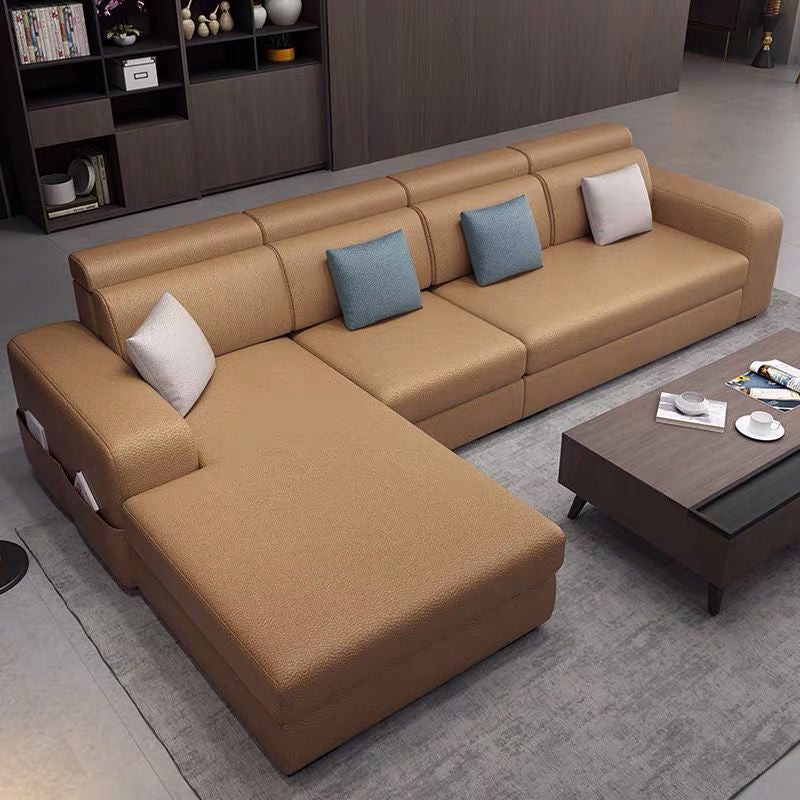 Square Arms Sectional Faux Leather/Linen Blend Sofa and Chaise for Apartment Yellow Faux Leather Clearhalo 'furn' 'furn_sectionals' 'Furniture' 'furniture_sectionals' 'kitchen' 'kitchen_sectionals' 'Living Room Furniture' 'Sectionals' 4856361