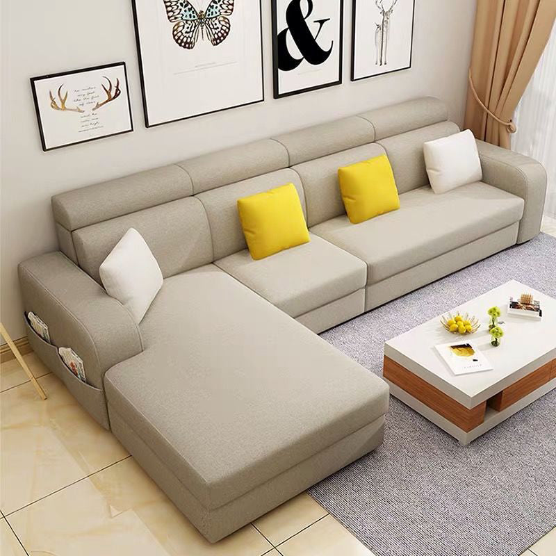 Square Arms Sectional Faux Leather/Linen Blend Sofa and Chaise for Apartment Off-White Linen Blend Clearhalo 'furn' 'furn_sectionals' 'Furniture' 'furniture_sectionals' 'kitchen' 'kitchen_sectionals' 'Living Room Furniture' 'Sectionals' 4856365