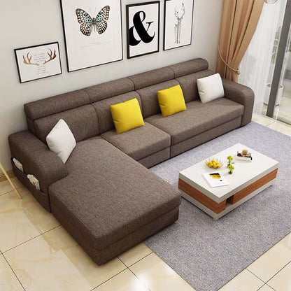 Square Arms Sectional Faux Leather/Linen Blend Sofa and Chaise for Apartment Coffee Linen Blend Clearhalo 'furn' 'furn_sectionals' 'Furniture' 'furniture_sectionals' 'kitchen' 'kitchen_sectionals' 'Living Room Furniture' 'Sectionals' 4856368
