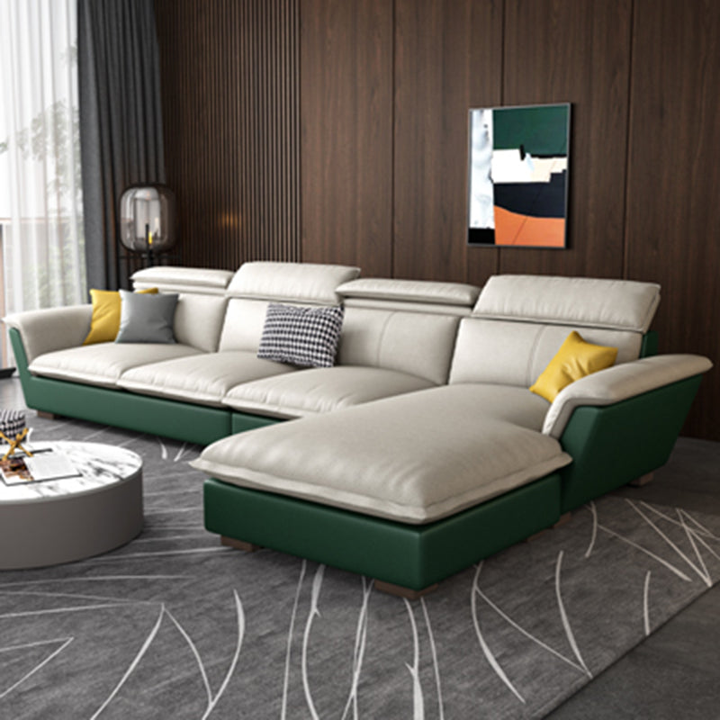 Flared Arm L-Shape Sectional Right Hand Facing Sofa and Chaise for Four People Faux Leather Green White Clearhalo 'furn' 'furn_sectionals' 'Furniture' 'furniture_sectionals' 'kitchen' 'kitchen_sectionals' 'Living Room Furniture' 'Sectionals' 4856376