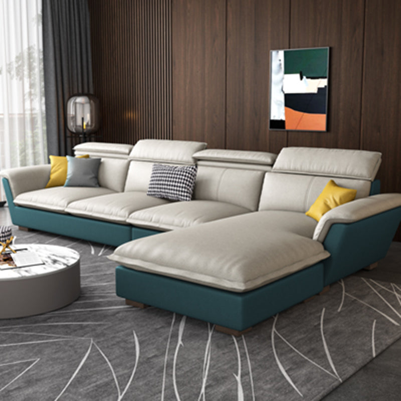 Flared Arm L-Shape Sectional Right Hand Facing Sofa and Chaise for Four People Faux Leather Blue White Clearhalo 'furn' 'furn_sectionals' 'Furniture' 'furniture_sectionals' 'kitchen' 'kitchen_sectionals' 'Living Room Furniture' 'Sectionals' 4856377