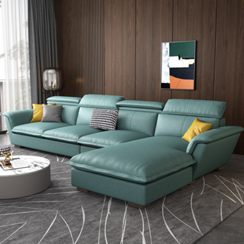 Flared Arm L-Shape Sectional Right Hand Facing Sofa and Chaise for Four People Faux Leather Turquoise Clearhalo 'furn' 'furn_sectionals' 'Furniture' 'furniture_sectionals' 'kitchen' 'kitchen_sectionals' 'Living Room Furniture' 'Sectionals' 4856381