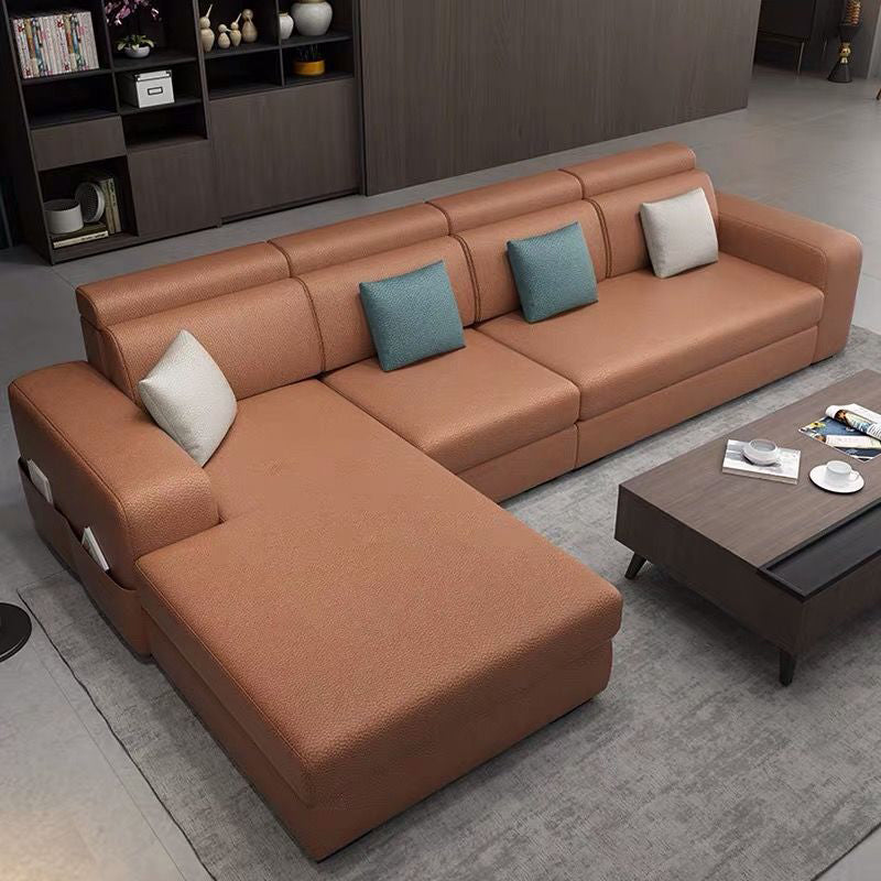Faux Leather/Linen Square Arms Sectionals 110"L Sofa and Chaise for Living Room Orange Faux Leather Clearhalo 'furn' 'furn_sectionals' 'Furniture' 'furniture_sectionals' 'kitchen' 'kitchen_sectionals' 'Living Room Furniture' 'Sectionals' 4856401