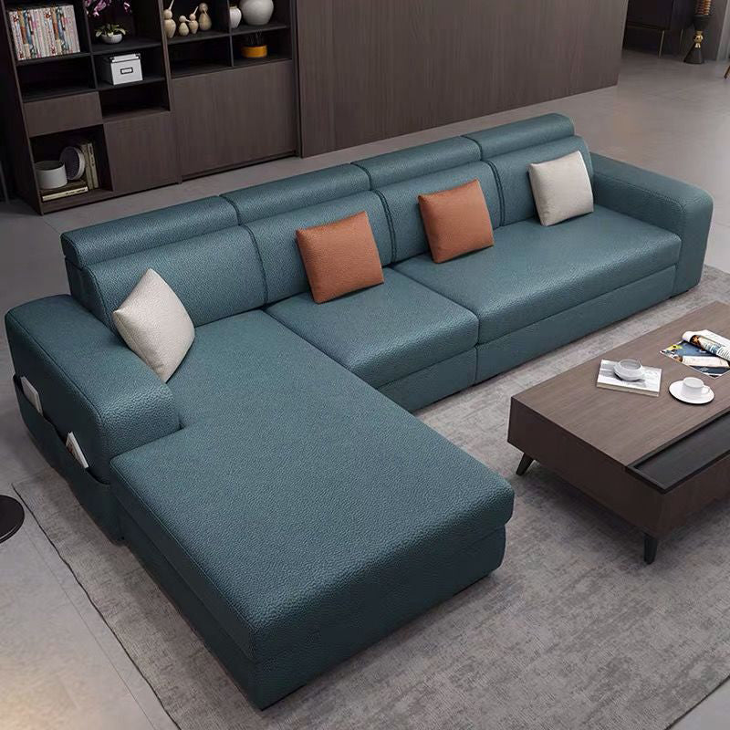 Faux Leather/Linen Square Arms Sectionals 110"L Sofa and Chaise for Living Room Blue Faux Leather Clearhalo 'furn' 'furn_sectionals' 'Furniture' 'furniture_sectionals' 'kitchen' 'kitchen_sectionals' 'Living Room Furniture' 'Sectionals' 4856405