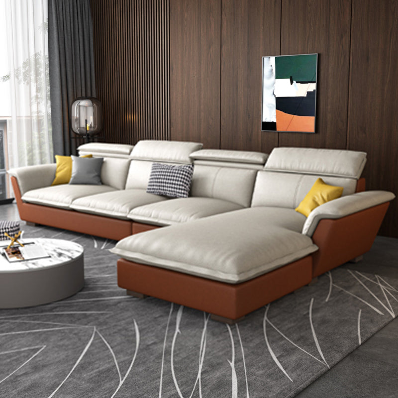 Faux Leather/Cotton-Blend Sofa and Chaise L-Shape Sectional for Four People Faux Leather Coffee White Clearhalo 'furn' 'furn_sectionals' 'Furniture' 'furniture_sectionals' 'kitchen' 'kitchen_sectionals' 'Living Room Furniture' 'Sectionals' 4856411