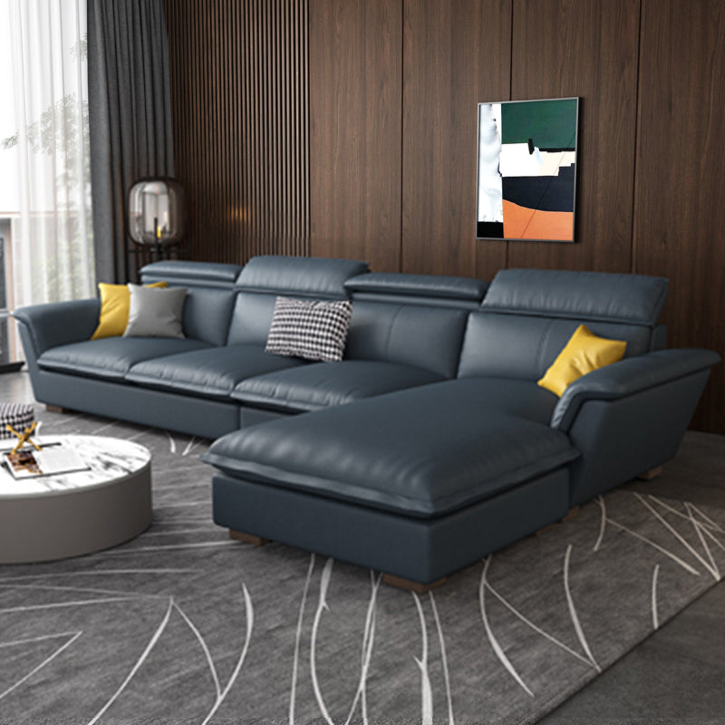Faux Leather/Cotton-Blend Sofa and Chaise L-Shape Sectional for Four People Faux Leather Dark Blue Clearhalo 'furn' 'furn_sectionals' 'Furniture' 'furniture_sectionals' 'kitchen' 'kitchen_sectionals' 'Living Room Furniture' 'Sectionals' 4856413