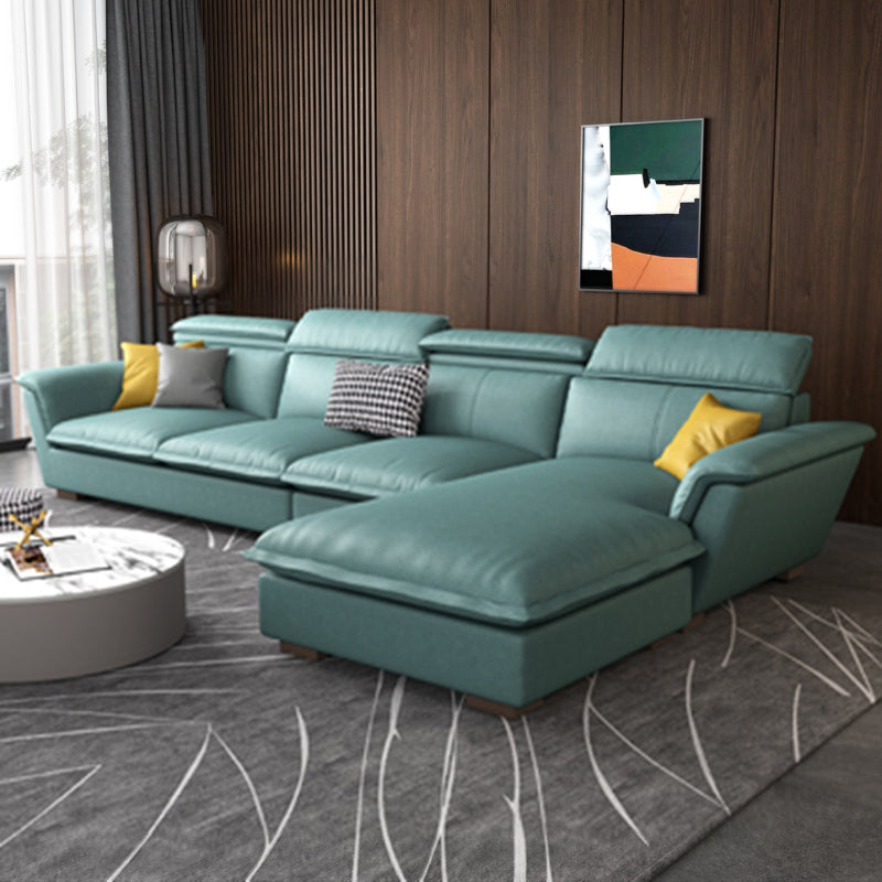 Faux Leather/Cotton-Blend Sofa and Chaise L-Shape Sectional for Four People Faux Leather Sky Blue Clearhalo 'furn' 'furn_sectionals' 'Furniture' 'furniture_sectionals' 'kitchen' 'kitchen_sectionals' 'Living Room Furniture' 'Sectionals' 4856414