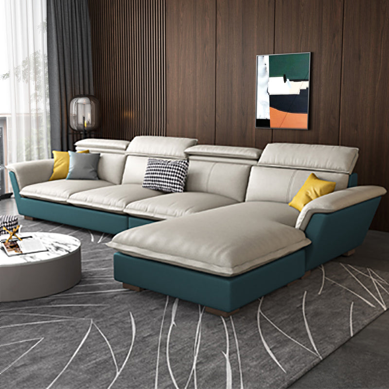 Faux Leather/Cotton-Blend Sofa and Chaise L-Shape Sectional for Four People Faux Leather Blue White Clearhalo 'furn' 'furn_sectionals' 'Furniture' 'furniture_sectionals' 'kitchen' 'kitchen_sectionals' 'Living Room Furniture' 'Sectionals' 4856420