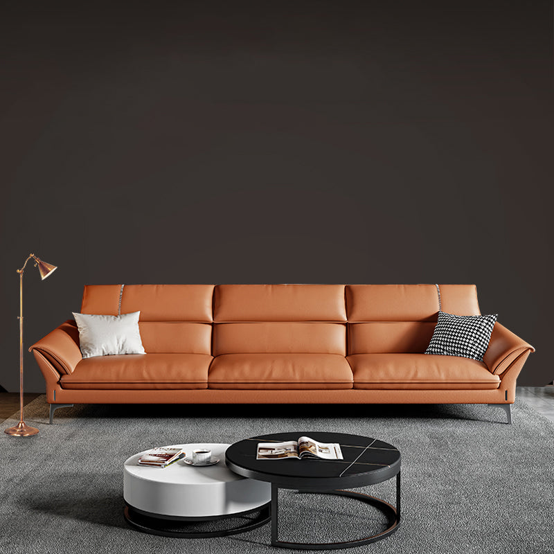 Contemporary Tan Leather Sectional Pillow Top Arm Sofa and Chaise for Living Room 83"L x 39"W x 35"H Latex Clearhalo 'furn' 'furn_sectionals' 'Furniture' 'furniture_sectionals' 'kitchen' 'kitchen_sectionals' 'Living Room Furniture' 'Sectionals' 4856443