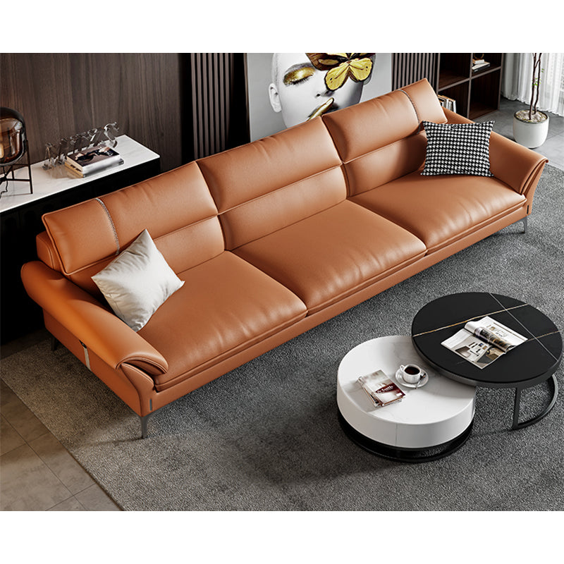 Contemporary Tan Leather Sectional Pillow Top Arm Sofa and Chaise for Living Room 83"L x 39"W x 35"H Sponge Clearhalo 'furn' 'furn_sectionals' 'Furniture' 'furniture_sectionals' 'kitchen' 'kitchen_sectionals' 'Living Room Furniture' 'Sectionals' 4856444