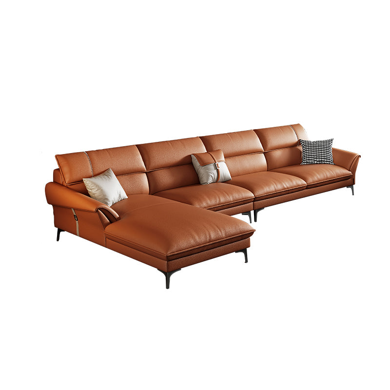 Contemporary Tan Leather Sectional Pillow Top Arm Sofa and Chaise for Living Room 138"L x 72"W x 35"H Sponge Clearhalo 'furn' 'furn_sectionals' 'Furniture' 'furniture_sectionals' 'kitchen' 'kitchen_sectionals' 'Living Room Furniture' 'Sectionals' 4856449