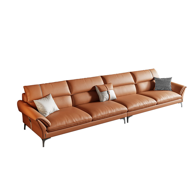 Contemporary Tan Leather Sectional Pillow Top Arm Sofa and Chaise for Living Room 138"L x 39"W x 35"H Latex Clearhalo 'furn' 'furn_sectionals' 'Furniture' 'furniture_sectionals' 'kitchen' 'kitchen_sectionals' 'Living Room Furniture' 'Sectionals' 4856450