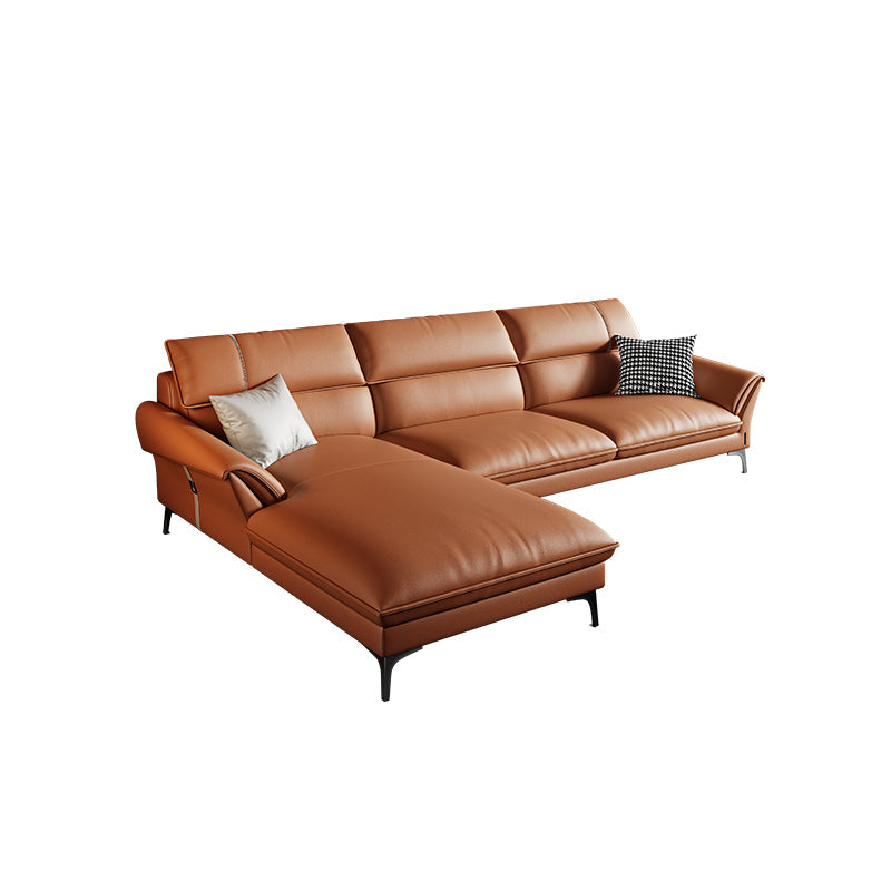 Contemporary Tan Leather Sectional Pillow Top Arm Sofa and Chaise for Living Room 108"L x 72"W x 35"H Clearhalo 'furn' 'furn_sectionals' 'Furniture' 'furniture_sectionals' 'kitchen' 'kitchen_sectionals' 'Living Room Furniture' 'Sectionals' 4856451