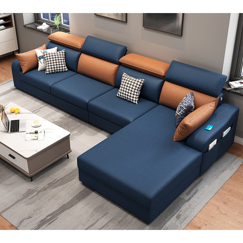 Faux Leather Removable Cushions Sofa and Chaise 35.43"High Sloped Arms Sectional Orange Blue Clearhalo 'furn' 'furn_sectionals' 'Furniture' 'furniture_sectionals' 'kitchen' 'kitchen_sectionals' 'Living Room Furniture' 'Sectionals' 4856463