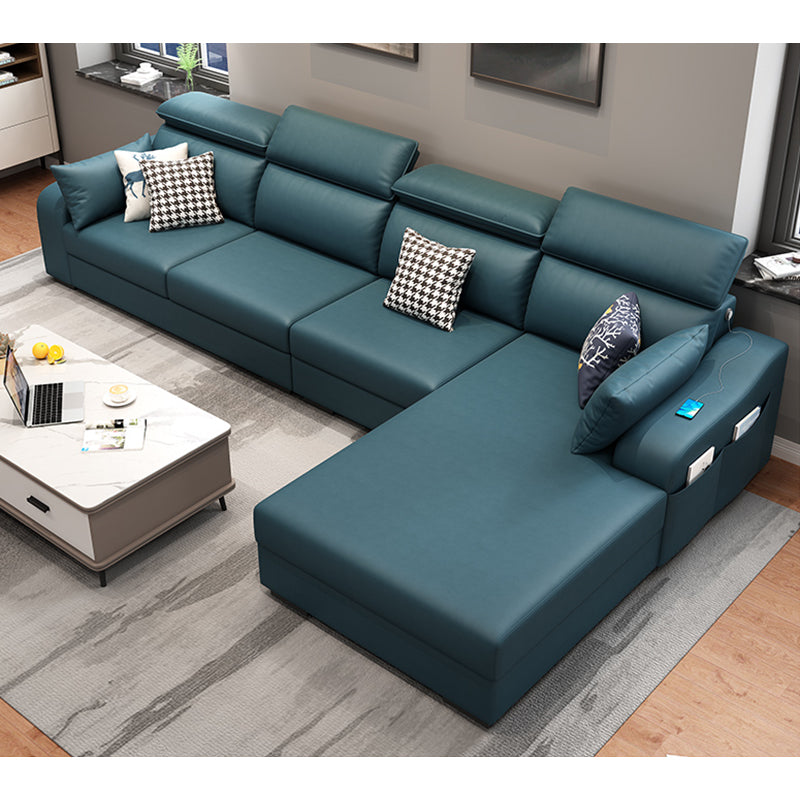 Faux Leather Removable Cushions Sofa and Chaise 35.43"High Sloped Arms Sectional Ocean Blue Clearhalo 'furn' 'furn_sectionals' 'Furniture' 'furniture_sectionals' 'kitchen' 'kitchen_sectionals' 'Living Room Furniture' 'Sectionals' 4856464