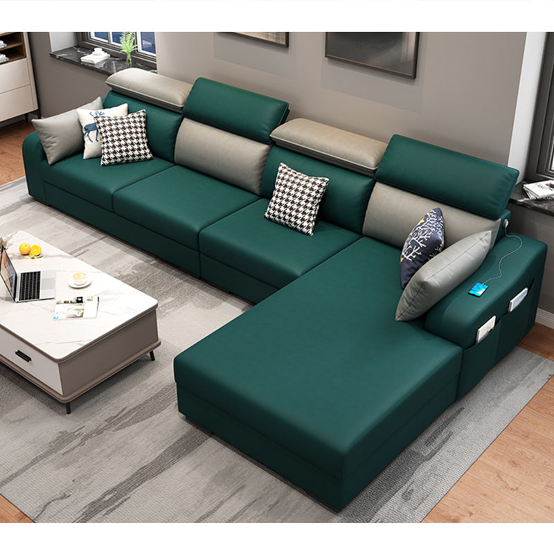 Faux Leather Removable Cushions Sofa and Chaise 35.43"High Sloped Arms Sectional Green Grey Clearhalo 'furn' 'furn_sectionals' 'Furniture' 'furniture_sectionals' 'kitchen' 'kitchen_sectionals' 'Living Room Furniture' 'Sectionals' 4856465