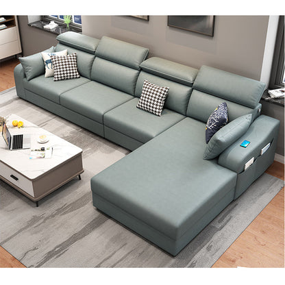 Faux Leather Removable Cushions Sofa and Chaise 35.43"High Sloped Arms Sectional Light Green Clearhalo 'furn' 'furn_sectionals' 'Furniture' 'furniture_sectionals' 'kitchen' 'kitchen_sectionals' 'Living Room Furniture' 'Sectionals' 4856466