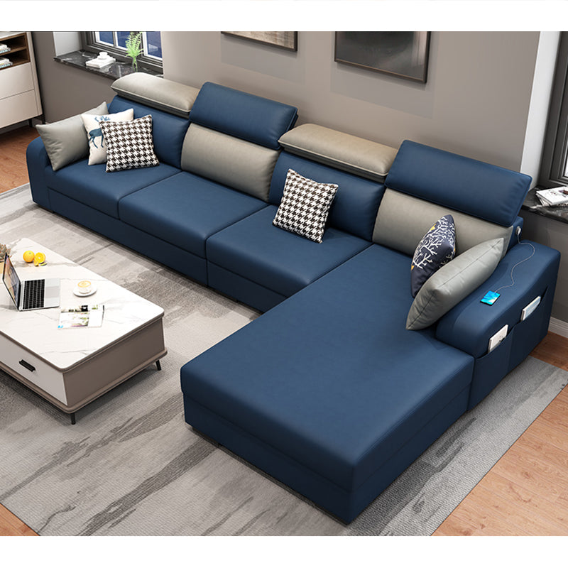 Faux Leather Removable Cushions Sofa and Chaise 35.43"High Sloped Arms Sectional Blue-Gray Clearhalo 'furn' 'furn_sectionals' 'Furniture' 'furniture_sectionals' 'kitchen' 'kitchen_sectionals' 'Living Room Furniture' 'Sectionals' 4856467